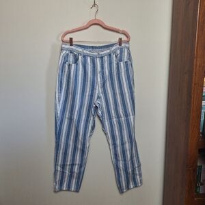 American Eagle High Waisted Blue and White Striped Mom Rigid Denim Jeans Size 16